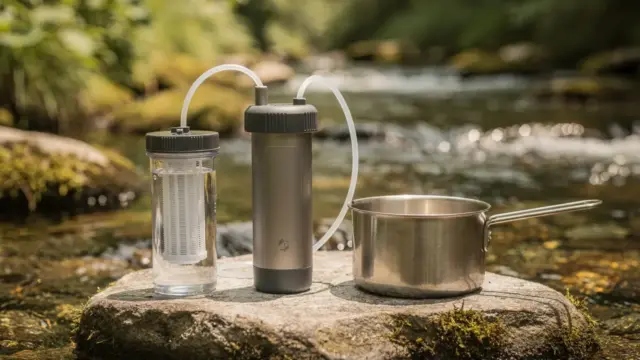 Wasserfilter im Notfall: tragbarer Filter und Wasserbehälter an einem Bach