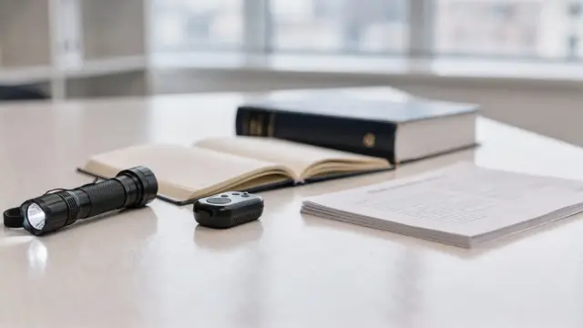 Notrufalarm und Taschenlampe auf Tisch zum Thema Notwehrmittel