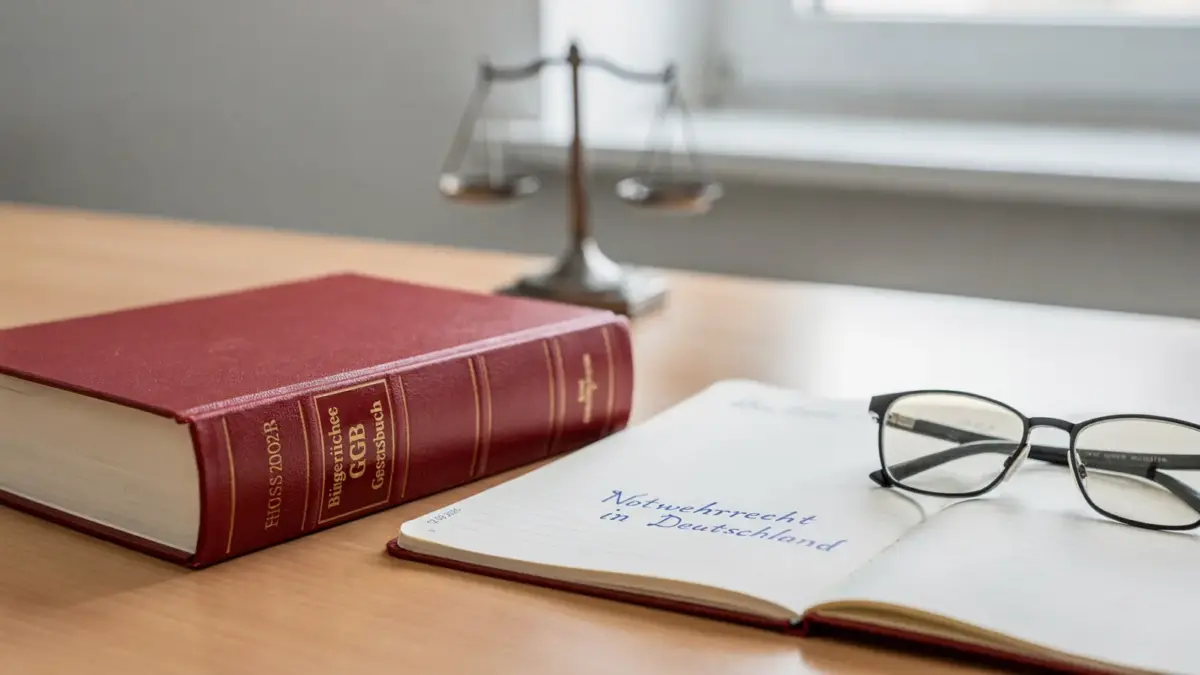 Rechtsbuch und Waage auf einem Schreibtisch zum Thema Notwehr: Welche Mittel sind erlaubt?