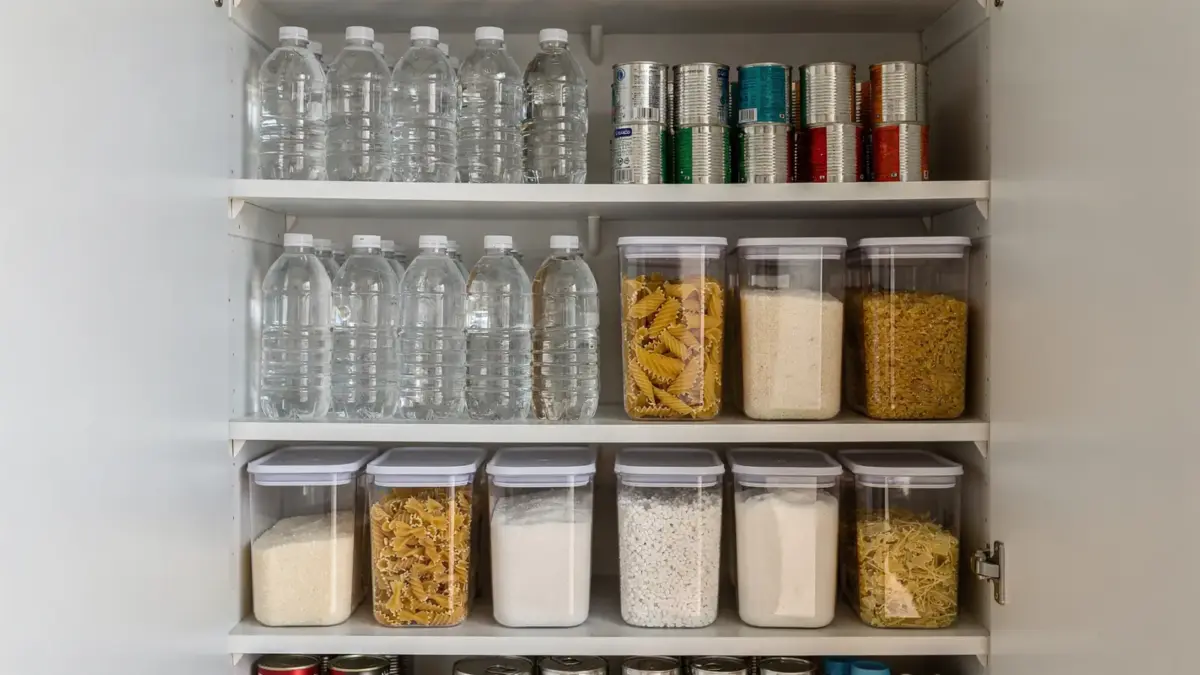 Notvorräte mit Wasserflaschen, Konserven und trockenen Lebensmitteln zur Haltbarkeit von Notvorräten