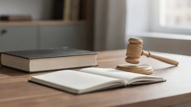 Juristische Symbole zur Notwehr-Verhältnismäßigkeit mit Gesetzbuch und Richtermotiv