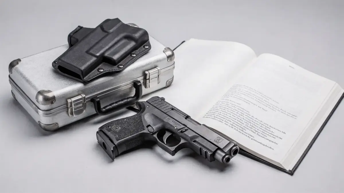 Schreckschusswaffe mit Holster und Gesetzbuch zur Rechtslage in Deutschland