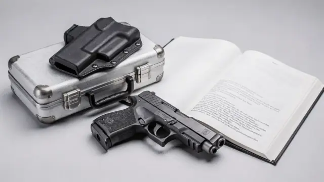Schreckschusswaffe mit Holster und Gesetzbuch zur Rechtslage in Deutschland