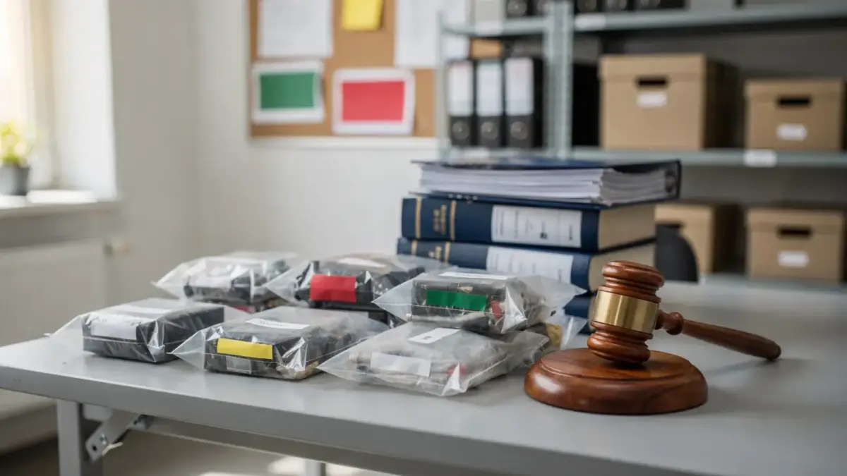 Sachliche Szene zum Waffenrecht in Deutschland mit Gesetzbuch und verschlossenem Koffer