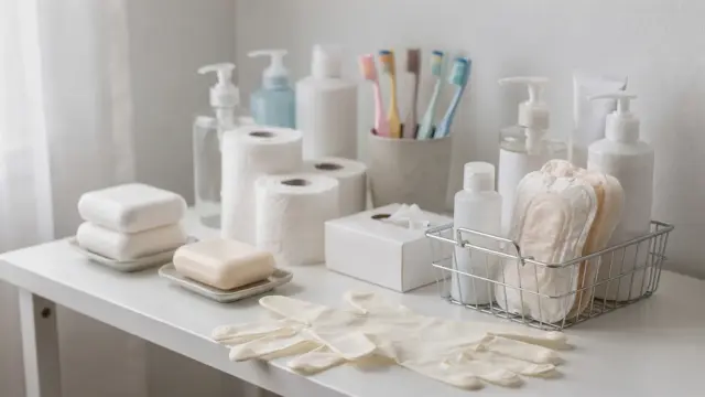 Geordneter Hygiene-Notvorrat mit Seife, Desinfektionstüchern, Toilettenpapier und Zahnpflegeprodukten
