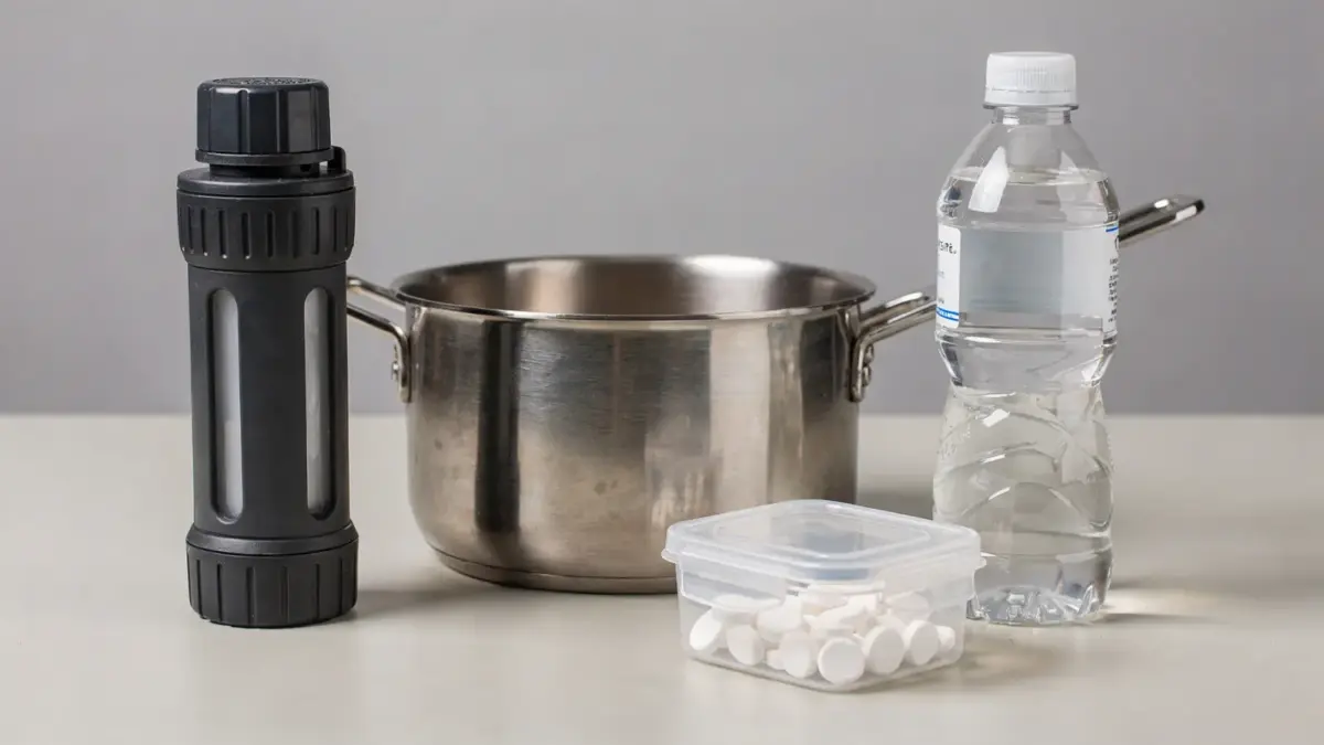 Notfall-Wasseraufbereitung mit Filter, Kochtopf und Reinigungsmitteln für sauberes Trinkwasser