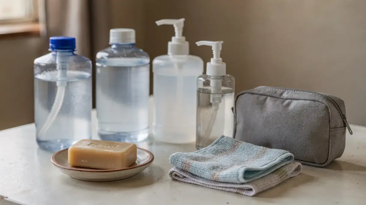 Hygiene-Set mit Wasserkanistern, Seife und Desinfektionsmittel bei Wassermangel