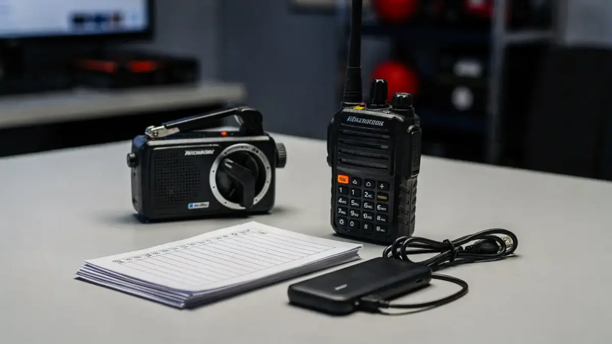 Notfallkommunikation ohne Strom mit Kurbelradio, Funkgerät und Notfallliste auf einem Tisch