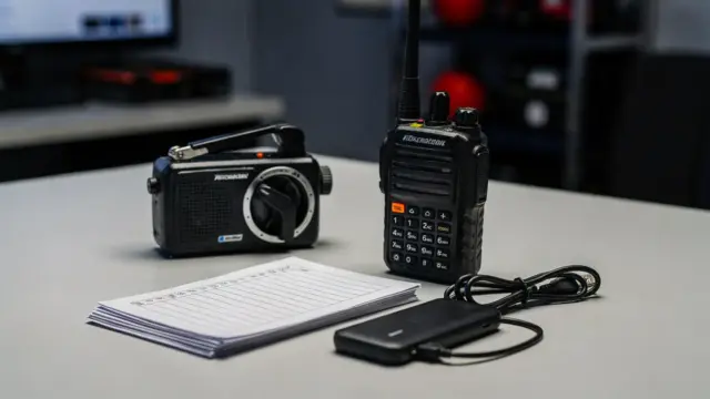 Notfallkommunikation ohne Strom mit Kurbelradio, Funkgerät und Notfallliste auf einem Tisch