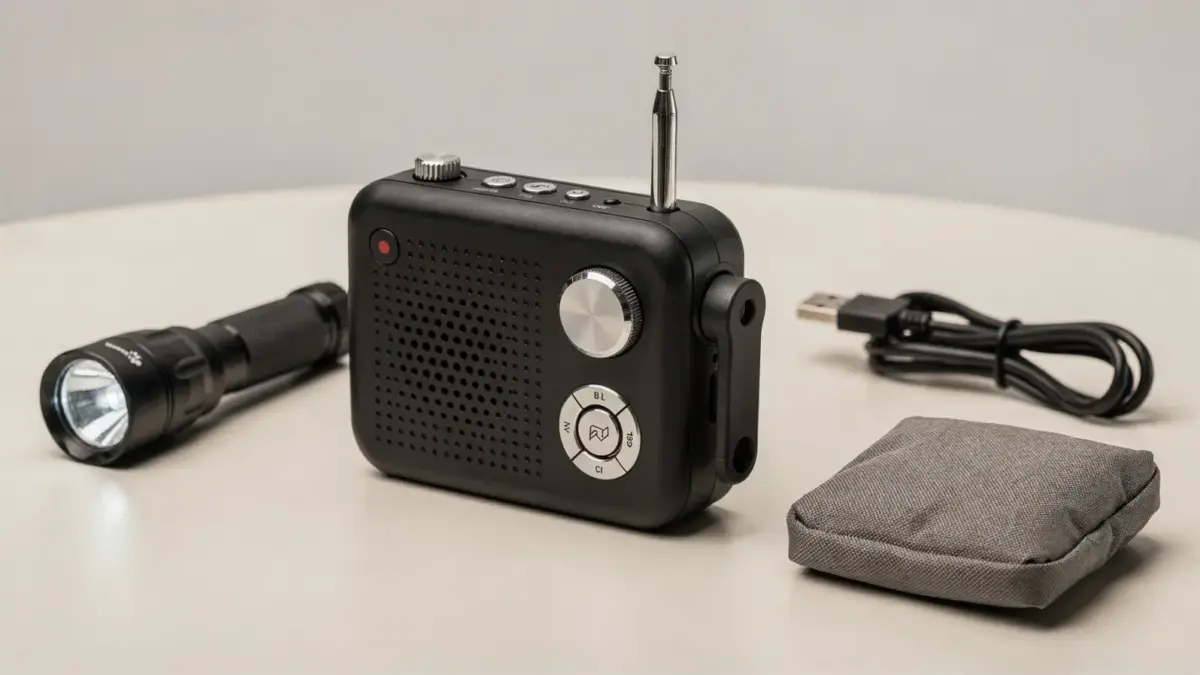 Kurbelradio im Notfall auf einem Tisch mit Taschenlampe und Notfallausrüstung