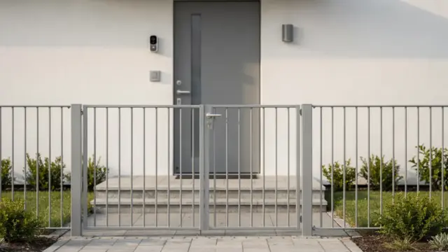 Hauszugang mit geschlossener Tür und Klingelkamera zum Thema Notwehr bei Hausfriedensbruch