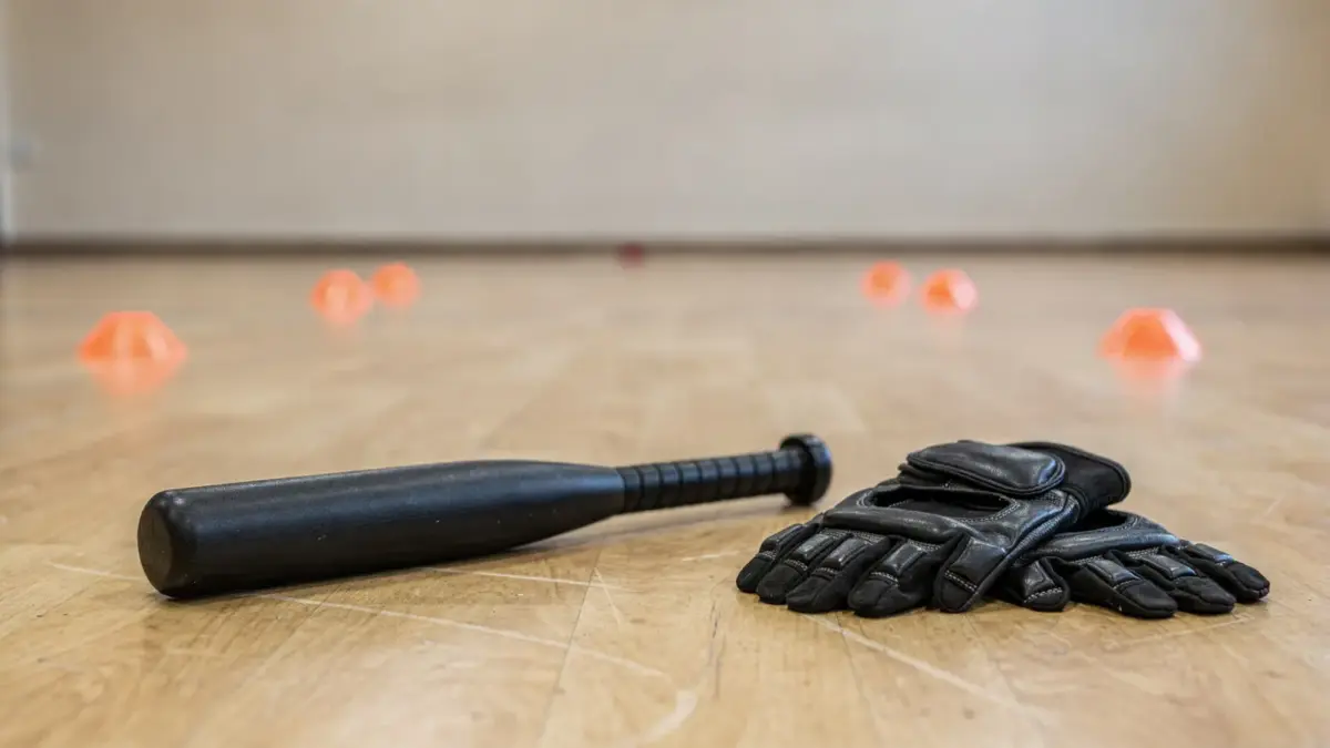 Schlagstocktraining mit Übungsstock, Schutzhandschuhen und Trainingskegeln in einem Übungsraum