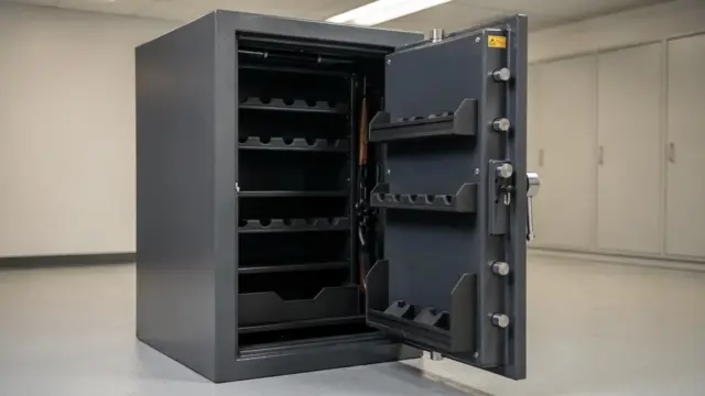 Waffenschrank mit Sicherheitsstufe und geordneten Waffenfächern in einem sicheren Raum