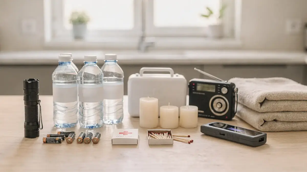 Notfallausrüstung im Haushalt mit Taschenlampe, Wasser, Radio und Verbandskasten für Krisen