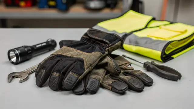 Arbeitshandschuhe für den Notfall neben Werkzeugen und Ausrüstung für Krisen- und Reparatureinsätze