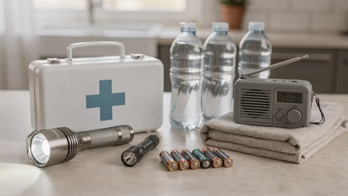 Notfallausrüstung im Haushalt mit Erste-Hilfe-Kasten, Taschenlampe, Wasser und Radio für Familien