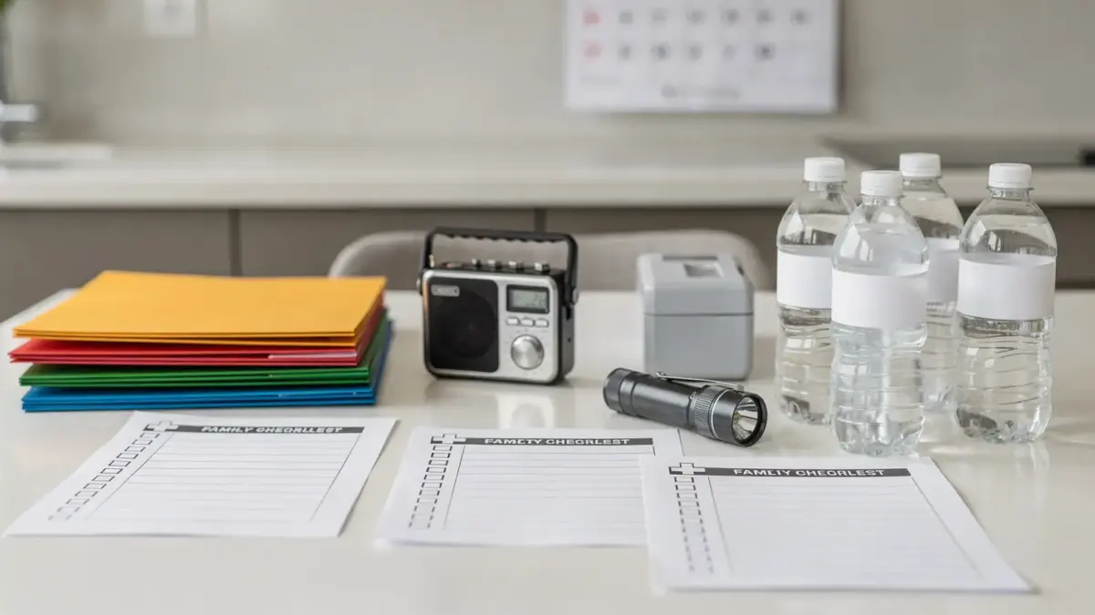 Notfallplan für die Familie mit Checklisten, Funkgerät, Taschenlampe und Erste-Hilfe-Set auf dem Tisch