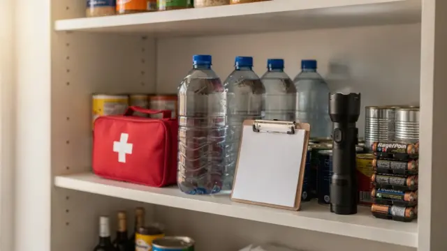 Notvorrat prüfen: geordnete Vorräte mit Wasser, Konserven, Taschenlampe und Checkliste im Vorratsschrank
