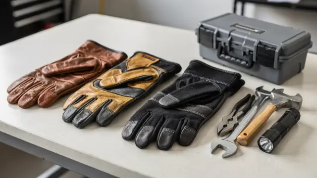 Verschiedene Arbeitshandschuhe und Reparaturwerkzeug auf einem Werkstatttisch für Krisen- und Reparatureinsätze