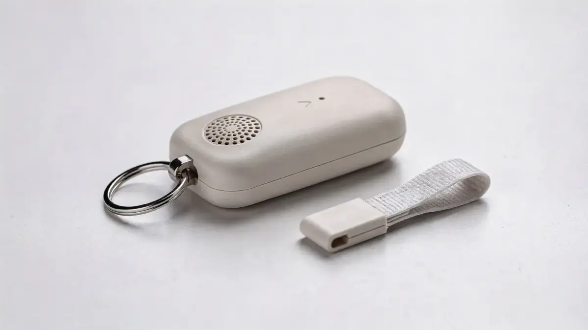 Persönlicher Alarm auf einem Tisch mit Schlüsselring und Handschlaufe zur Lautstärke-Frage