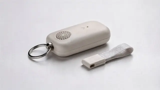 Persönlicher Alarm auf einem Tisch mit Schlüsselring und Handschlaufe zur Lautstärke-Frage