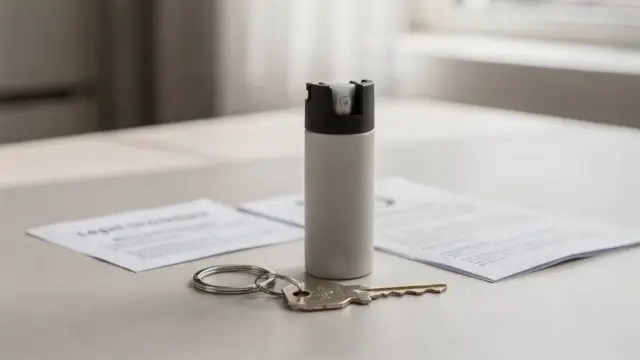 Pfefferspray zur Selbstverteidigung neben Schlüssel und Infozettel auf einem Tisch