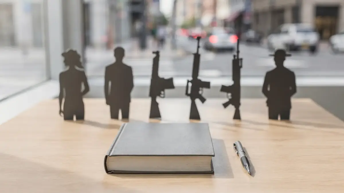 Rechtliche Übersicht zu in der Öffentlichkeit verbotenen Waffen auf einem Tisch mit Gesetzbuch