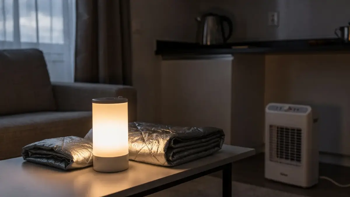 Wohnung im Notfall warm halten mit Decke, Laterne und Heizgerät in einem Wohnzimmer