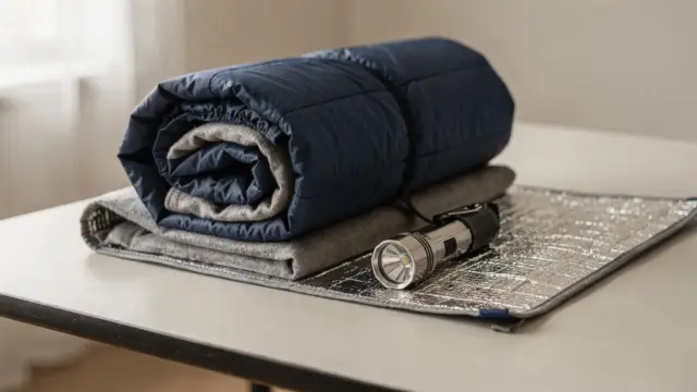 Schlafsack und Decken als Notfallausrüstung auf einem Tisch