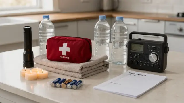 Krisenvorsorge-Checkliste mit Notfallausrüstung für Haushalte auf einem Tisch