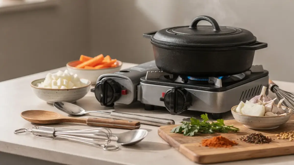 Alternative Kochgeräte für das Kochen ohne Strom in einer Küche mit Gaskocher und Topf