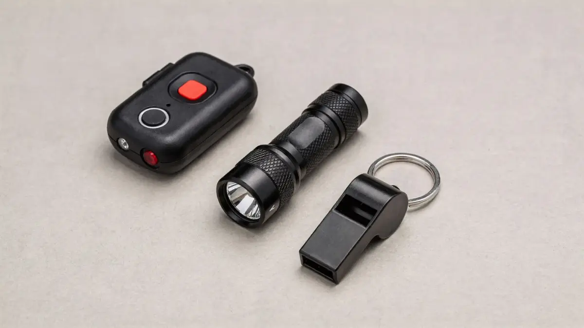Selbstverteidigung mit Abwehrmitteln: Alarmgerät, Taschenlampe und Pfeife auf hellem Untergrund
