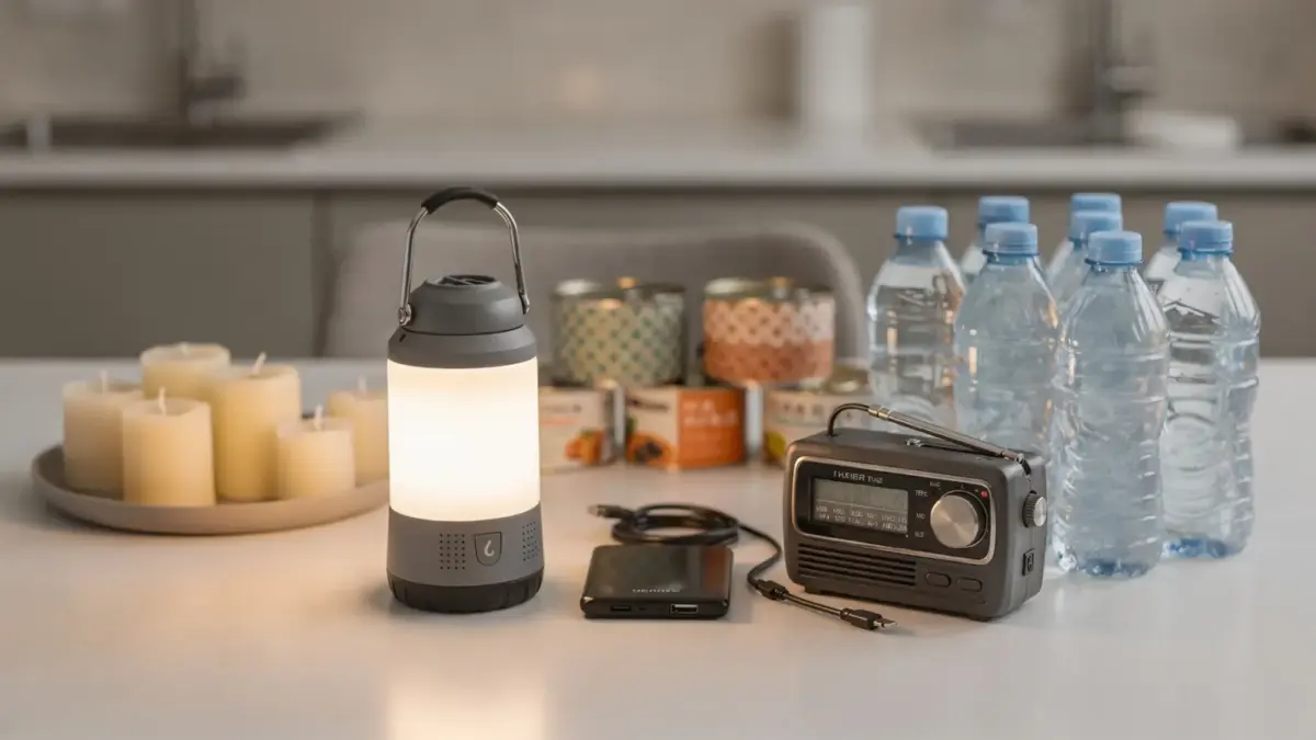 Notfallset für den Stromausfall mit Lampe, Powerbank, Radio, Wasser und Vorräten in der Küche