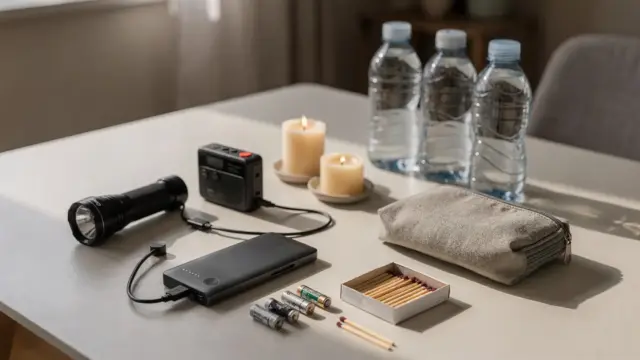 Notfallausrüstung bei Stromausfall mit Taschenlampe, Radio, Powerbank, Batterien, Kerzen und Wasser