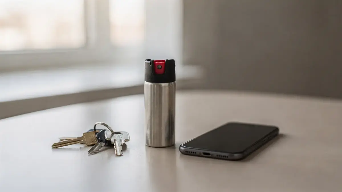 Tierabwehrspray zur Selbstverteidigung neben Schlüsseln und Smartphone auf einem Tisch