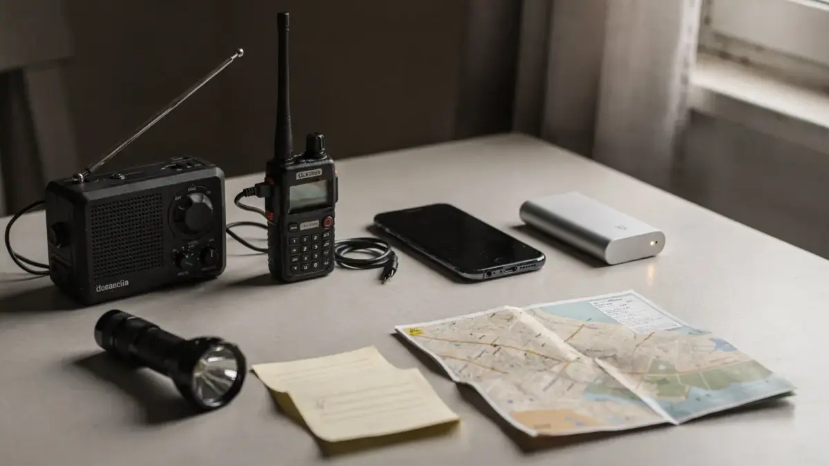 Notfallfunkgerät, Taschenlampe und Powerbank als Kommunikation bei Blackout
