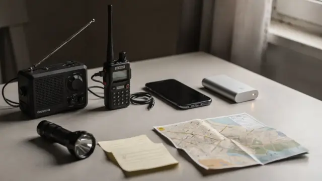 Notfallfunkgerät, Taschenlampe und Powerbank als Kommunikation bei Blackout