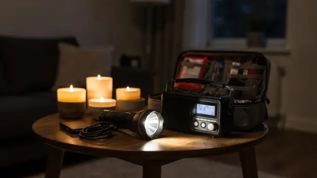Notfallausrüstung für Blackout-Risiken bei langem Stromausfall: Taschenlampe, Powerbank und Radio