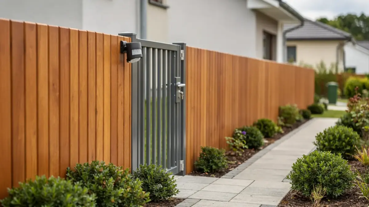 Gartensicherung beim Einbruchschutz: Zaun, abgeschlossene Gartentür und Bewegungsmelder am Haus