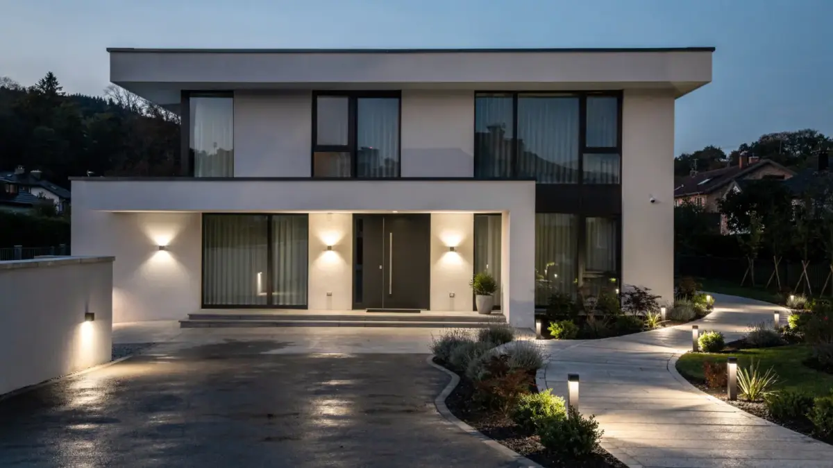Außenbeleuchtung als Einbruchschutz: Haus mit beleuchtetem Eingang und Gartenweg