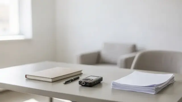 Notizbuch und Diktiergerät auf einem Schreibtisch zum Thema Aussagen nach einem Vorfall