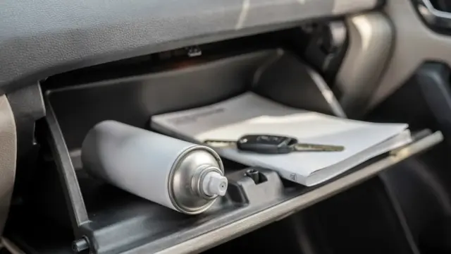 Tierabwehrspray im Auto im Handschuhfach neben Autoschlüssel und Bordunterlagen