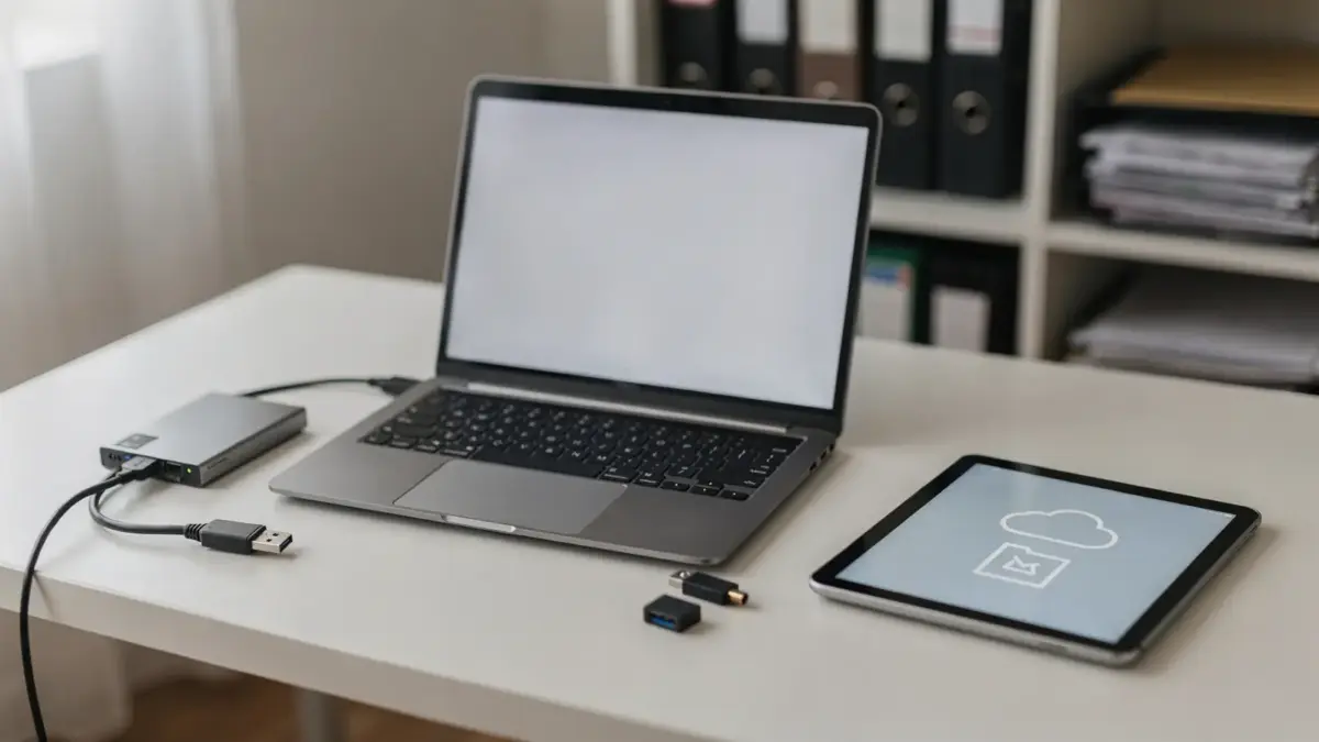 Digitale Dokumentensicherung im Homeoffice mit Laptop, Festplatte und Ordnern