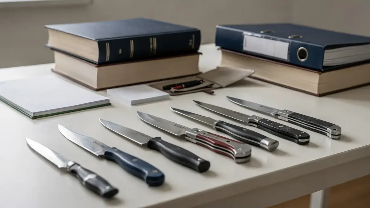 Ordentlich arrangierte Messer und Unterlagen zum Messer- und Waffenrecht in Deutschland