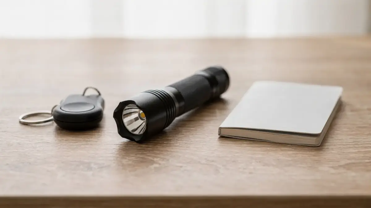 Tisch mit Taschenlampe, Schlüsselalarm und Gesetzesbuch zum Tragen einer Notwehrwaffe