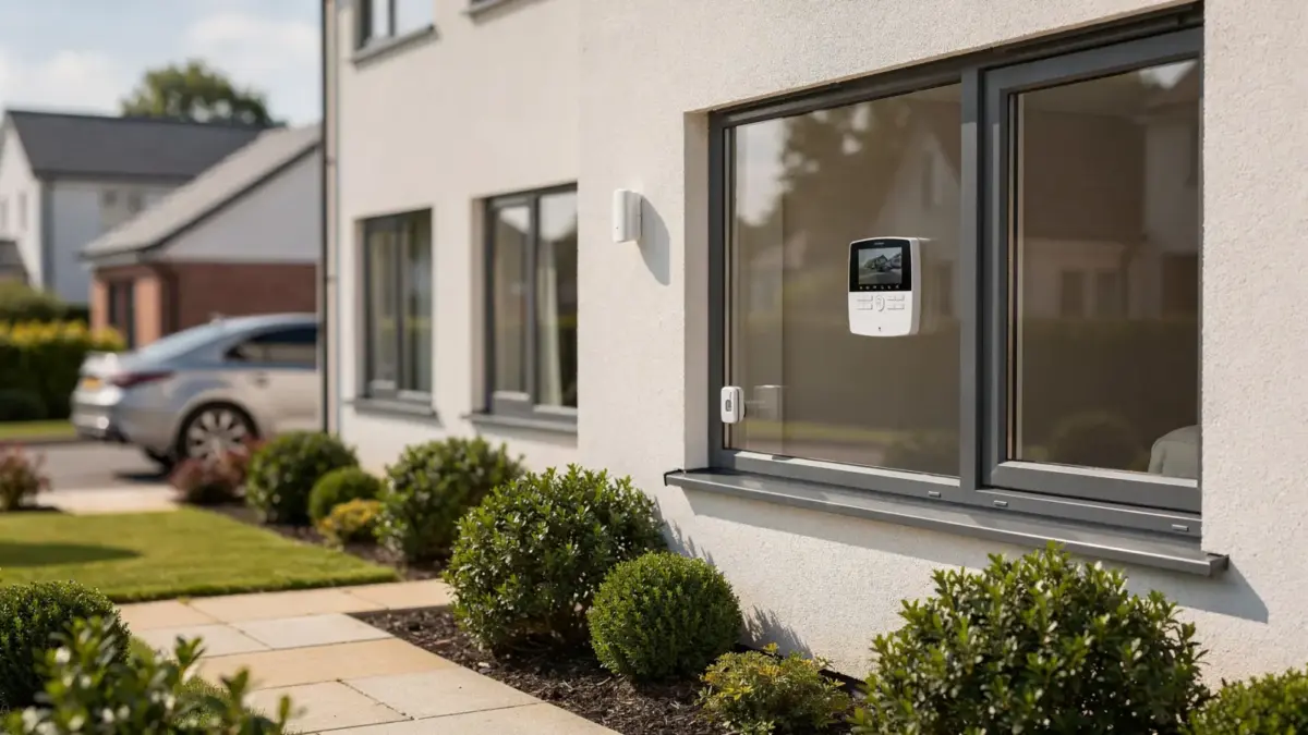 Funkalarmanlage im Einfamilienhaus mit Bedienpanel und Fenstersensor