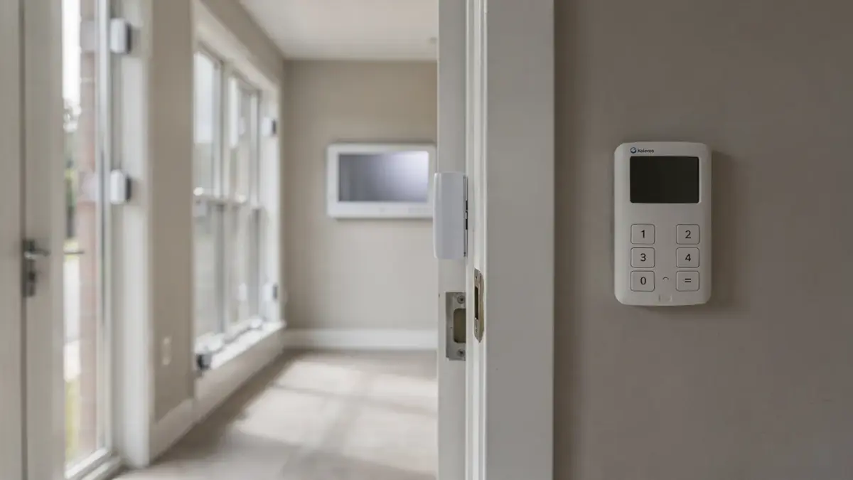 Moderne Alarmanlage gegen Einbruch mit Bedienteil und Türsensor im Wohnhaus