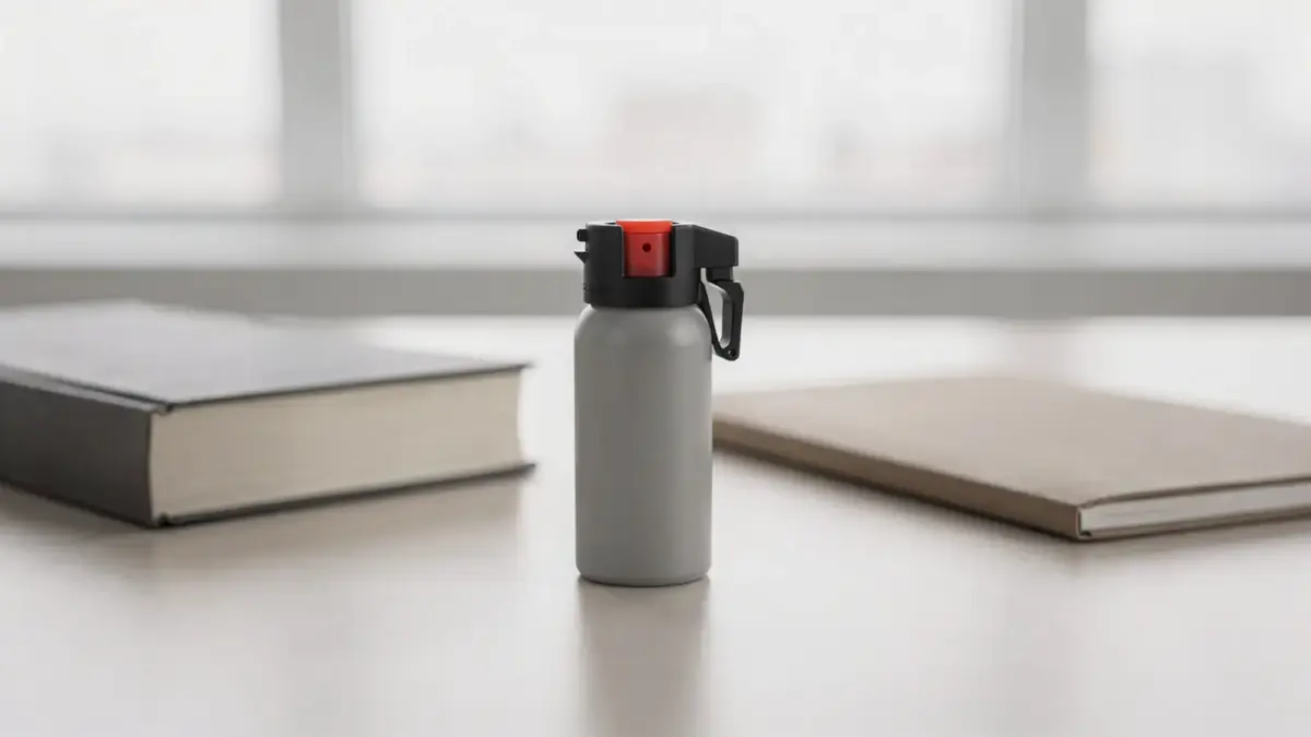 Pfefferspray auf einem Schreibtisch neben Gesetzbuch zum Thema Waffenrecht