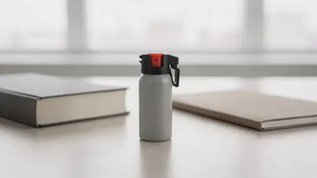 Pfefferspray auf einem Schreibtisch neben Gesetzbuch zum Thema Waffenrecht