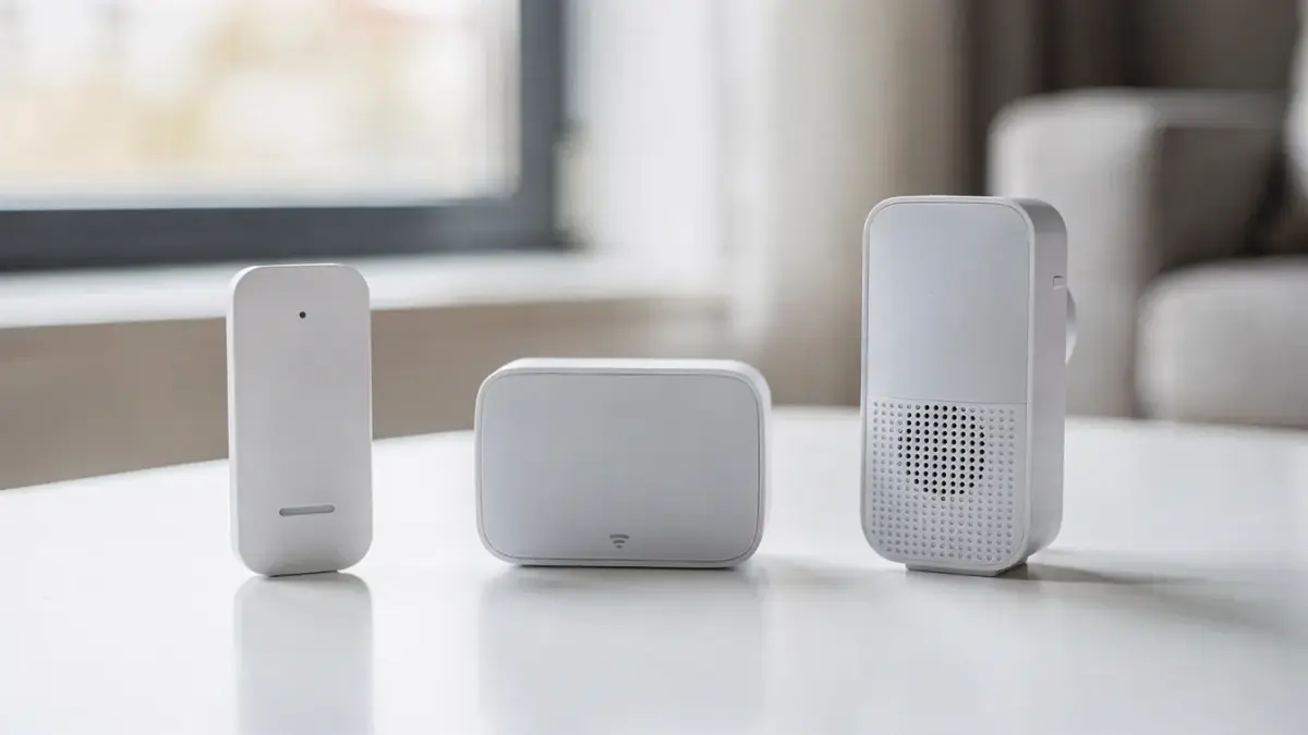 Portable Alarmanlage ohne Installation mit Funk-Sensor, Steuereinheit und Sirene in moderner Wohnung